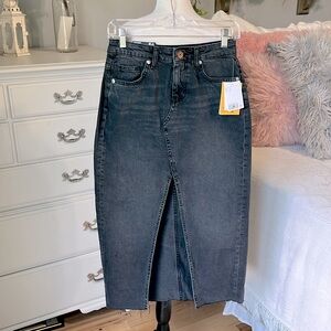 Denim Skirt High Waisted Mom Skirt Vintage Black Midi High Slit Womens 2